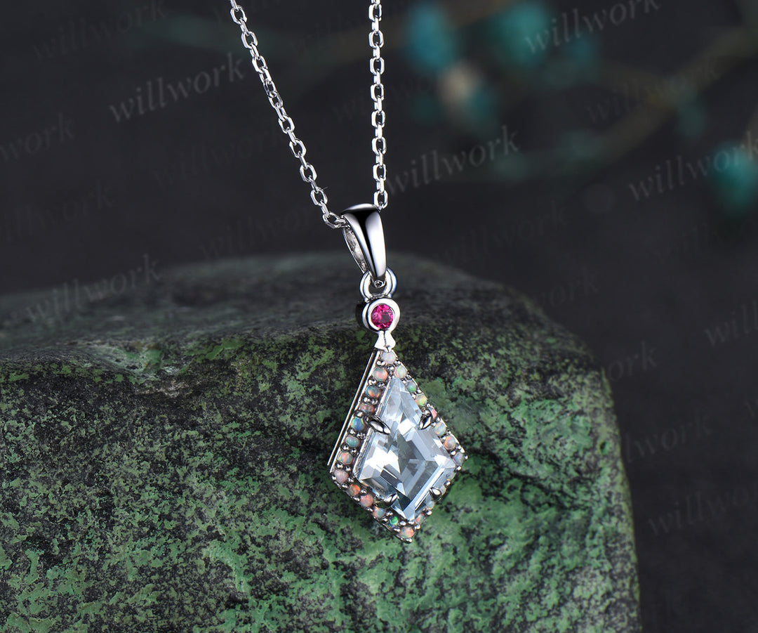 Kite cut aquamarine opal halo pendant necklace ruby accent pendant March birthstone jewelry mother anniversary gifts