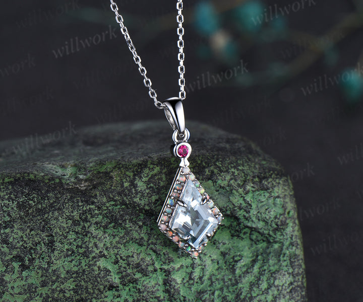 Kite cut aquamarine opal halo pendant necklace ruby accent pendant March birthstone jewelry mother anniversary gifts