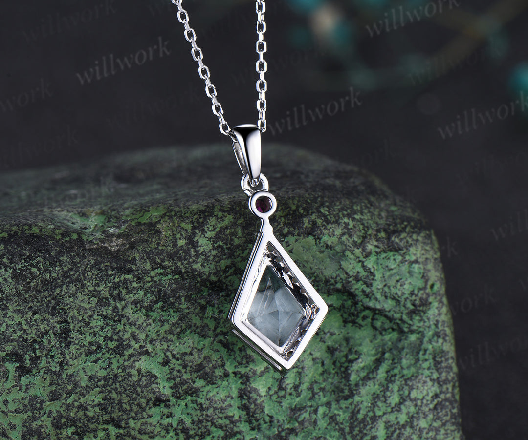 Kite cut aquamarine opal halo pendant necklace ruby accent pendant March birthstone jewelry mother anniversary gifts