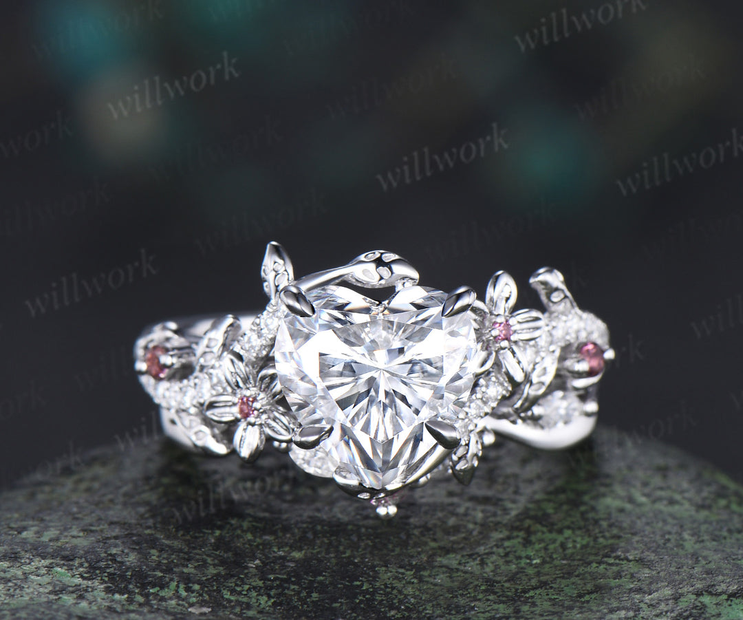 2ct Heart shaped moissanite engagement ring leaf floral diamond white gold Pink tourmaline wedding ring set women