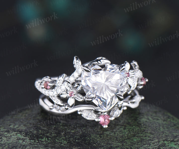 2ct Heart shaped moissanite engagement ring leaf floral diamond white gold Pink tourmaline wedding ring set women