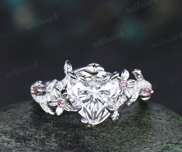 2ct Heart shaped moissanite engagement ring leaf floral diamond white gold Pink tourmaline wedding ring set women