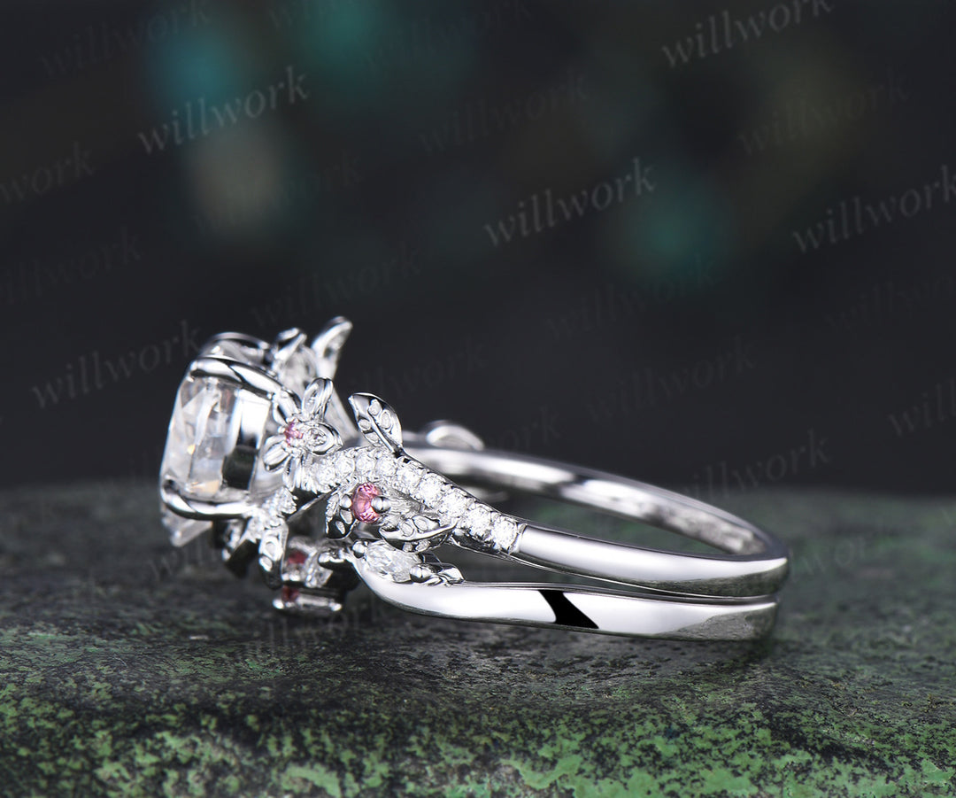 2ct Heart shaped moissanite engagement ring leaf floral diamond white gold Pink tourmaline wedding ring set women
