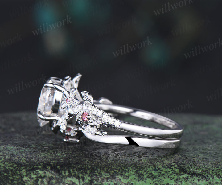 2ct Heart shaped moissanite engagement ring leaf floral diamond white gold Pink tourmaline wedding ring set women