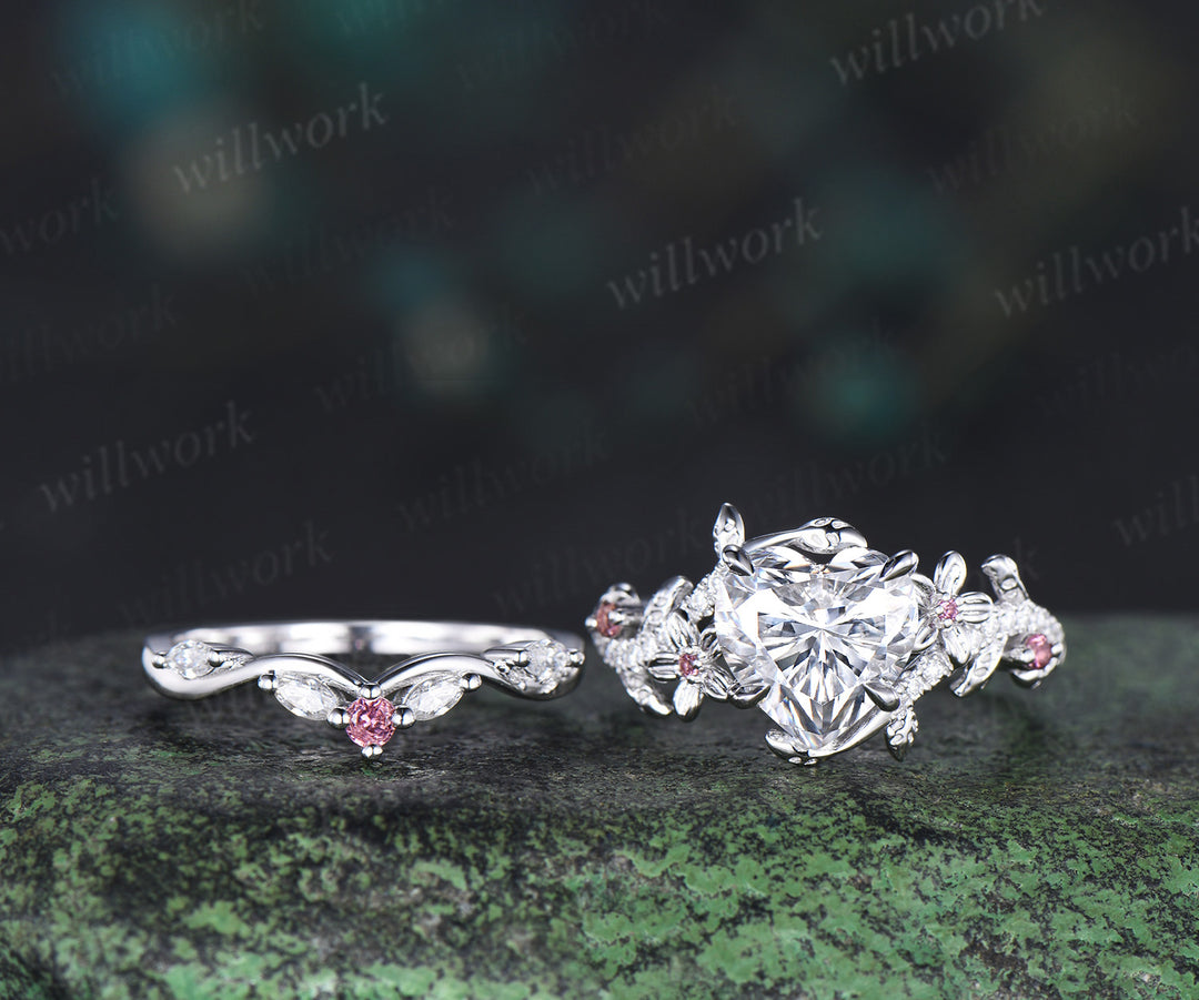 2ct Heart shaped moissanite engagement ring leaf floral diamond white gold Pink tourmaline wedding ring set women