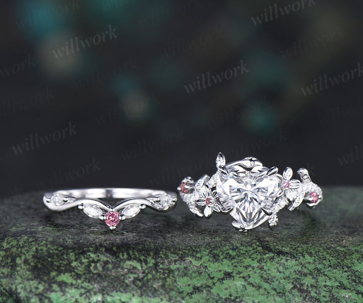 2ct Heart shaped moissanite engagement ring leaf floral diamond white gold Pink tourmaline wedding ring set women