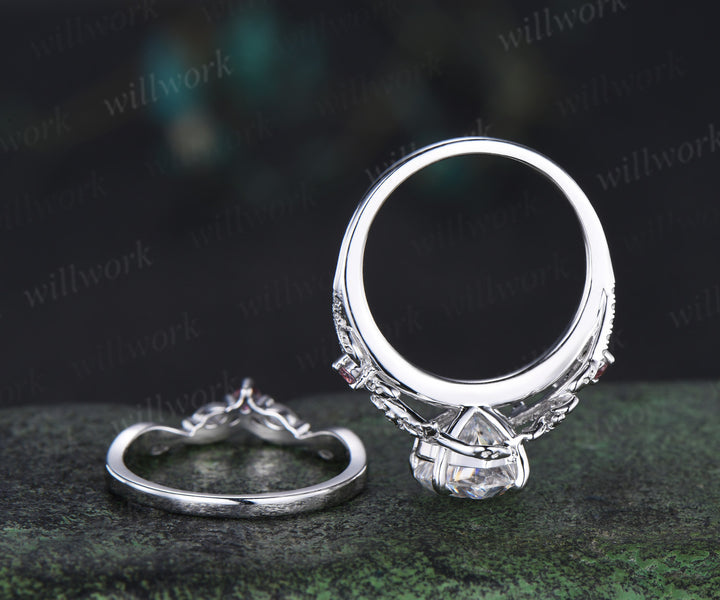 2ct Heart shaped moissanite engagement ring leaf floral diamond white gold Pink tourmaline wedding ring set women