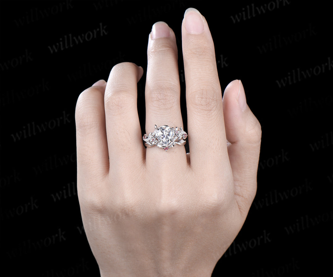 2ct Heart shaped moissanite engagement ring leaf floral diamond white gold Pink tourmaline wedding ring set women