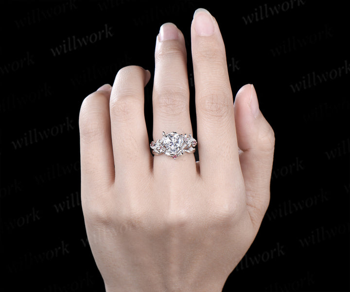 2ct Heart shaped moissanite engagement ring leaf floral diamond white gold Pink tourmaline wedding ring set women