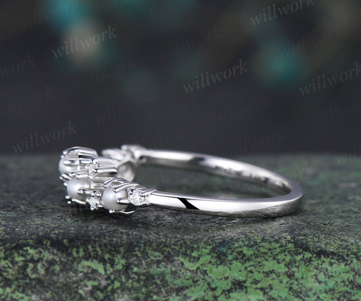 Cluster pearl wedding band 14k white gold moissanite irregular stacking bridal ring women anniversary gift