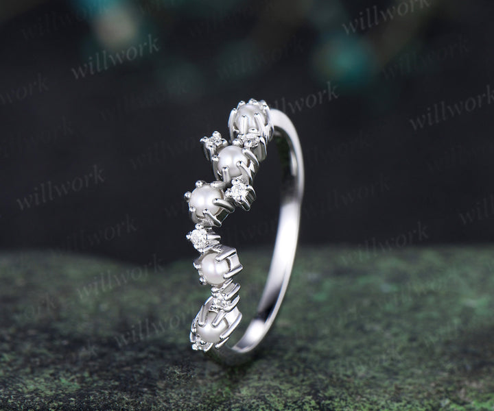 Cluster pearl wedding band 14k white gold moissanite irregular stacking bridal ring women anniversary gift