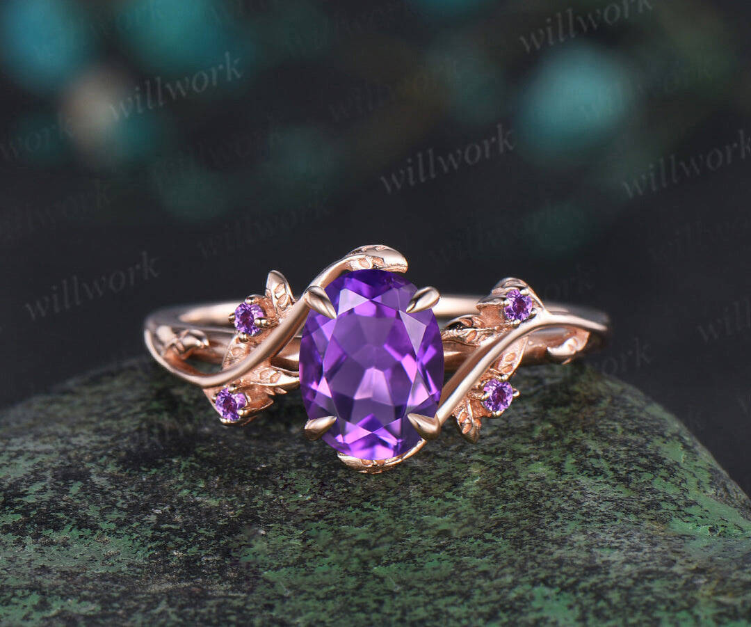 Vintage oval amethyst engagement ring nature inspired leaf amethyst ring wedding band enhancer twisted bridal ring set women