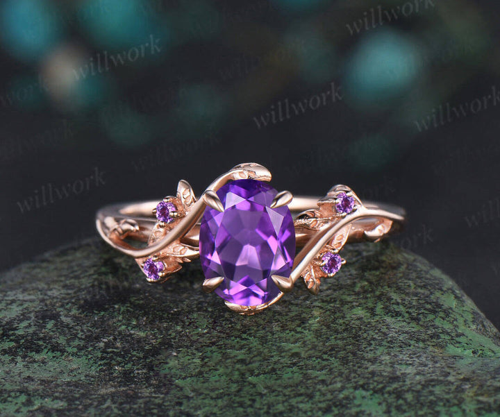 Vintage oval amethyst engagement ring nature inspired leaf amethyst ring wedding band enhancer twisted bridal ring set women
