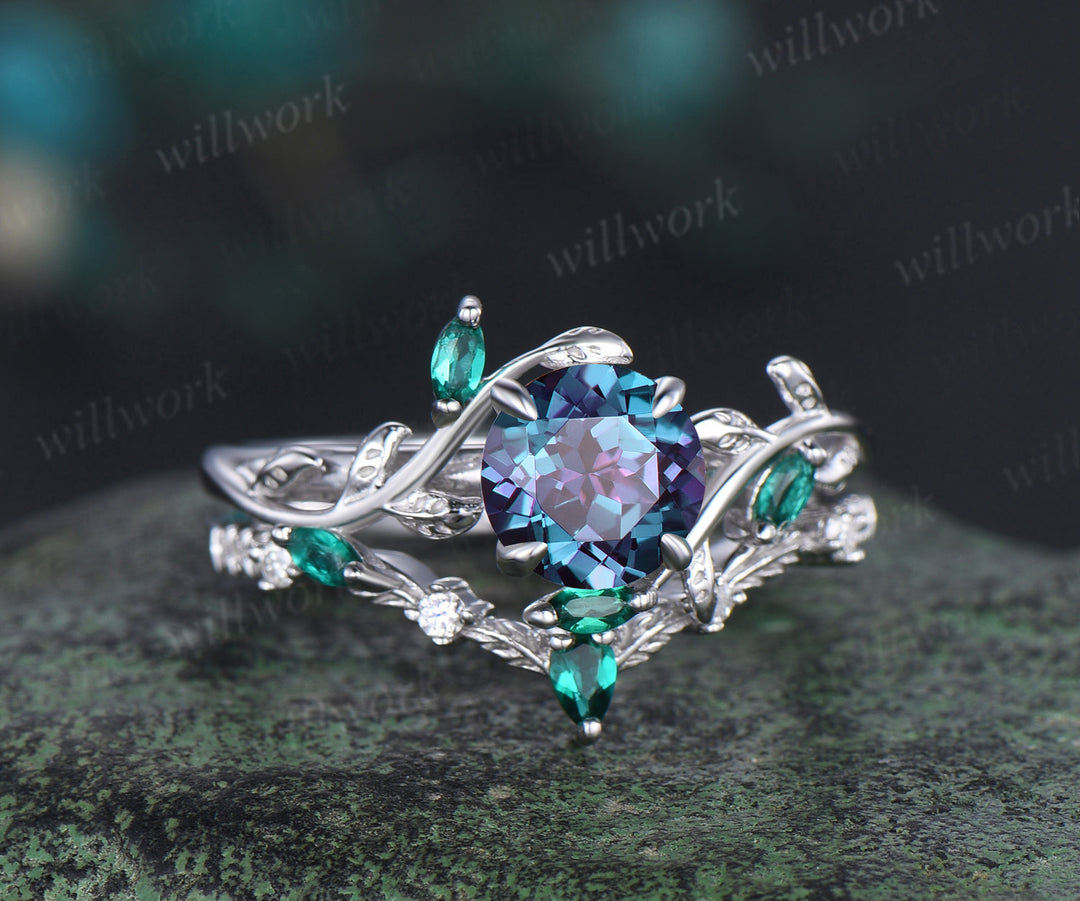 Vintage round cut Alexandrite engagement ring 14k yellow gold cluster leaf nature inspired emerald bridal promise wedding ring set women