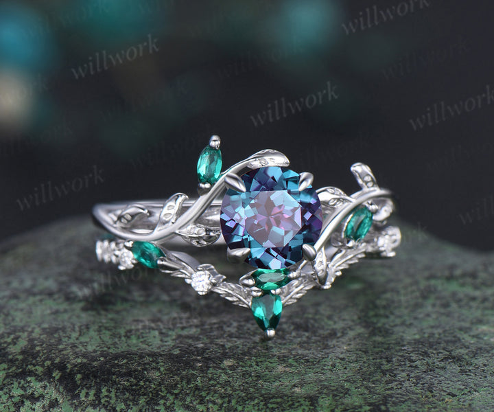 Vintage round cut Alexandrite engagement ring 14k yellow gold cluster leaf nature inspired emerald bridal promise wedding ring set women