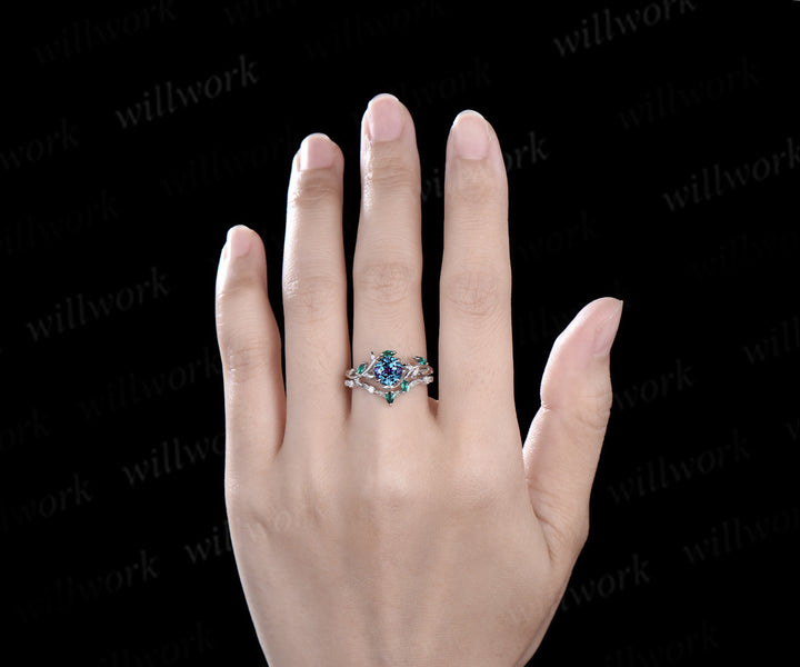 Vintage round cut Alexandrite engagement ring 14k yellow gold cluster leaf nature inspired emerald bridal promise wedding ring set women