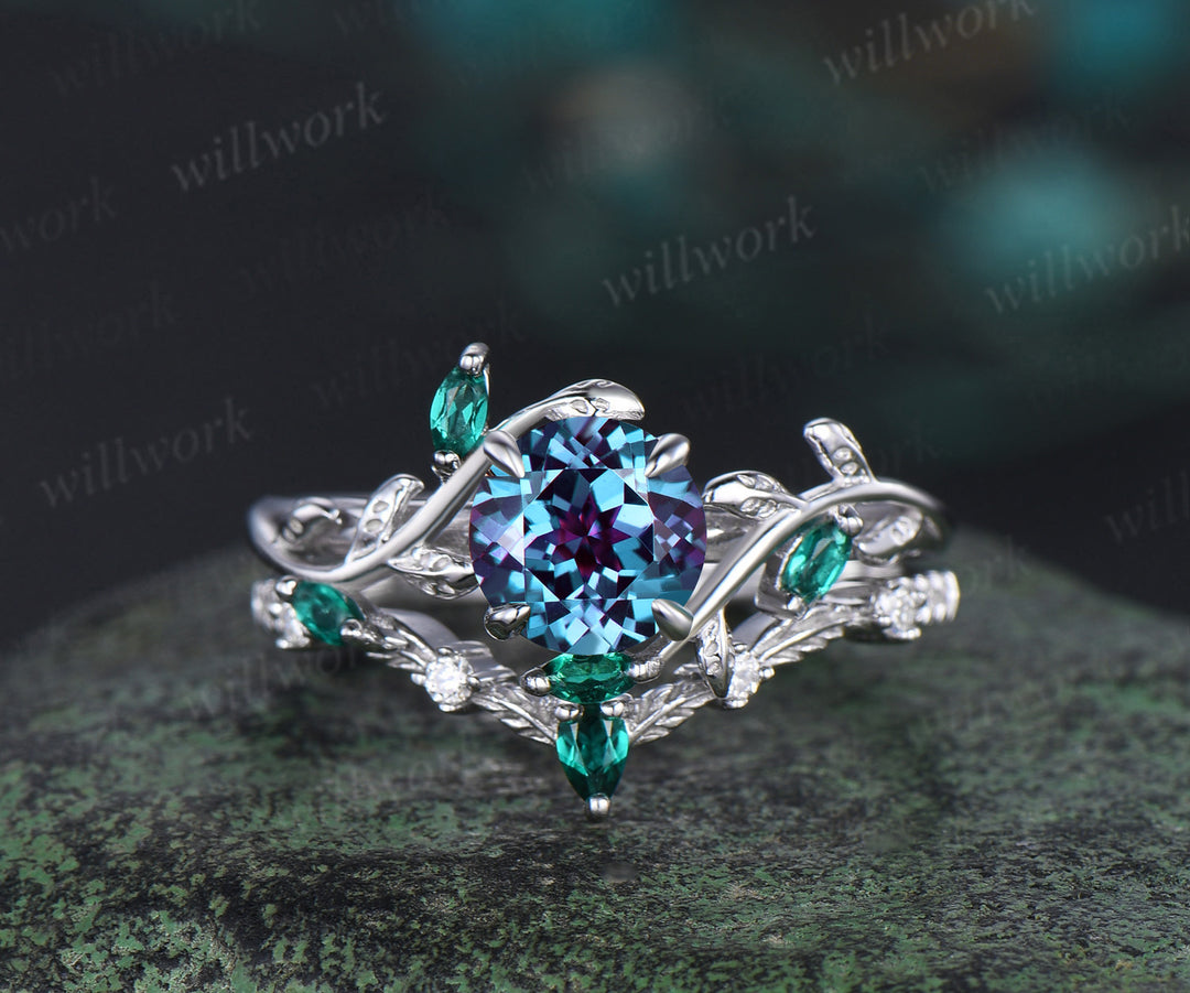 Vintage round cut Alexandrite engagement ring 14k yellow gold cluster leaf nature inspired emerald bridal promise wedding ring set women