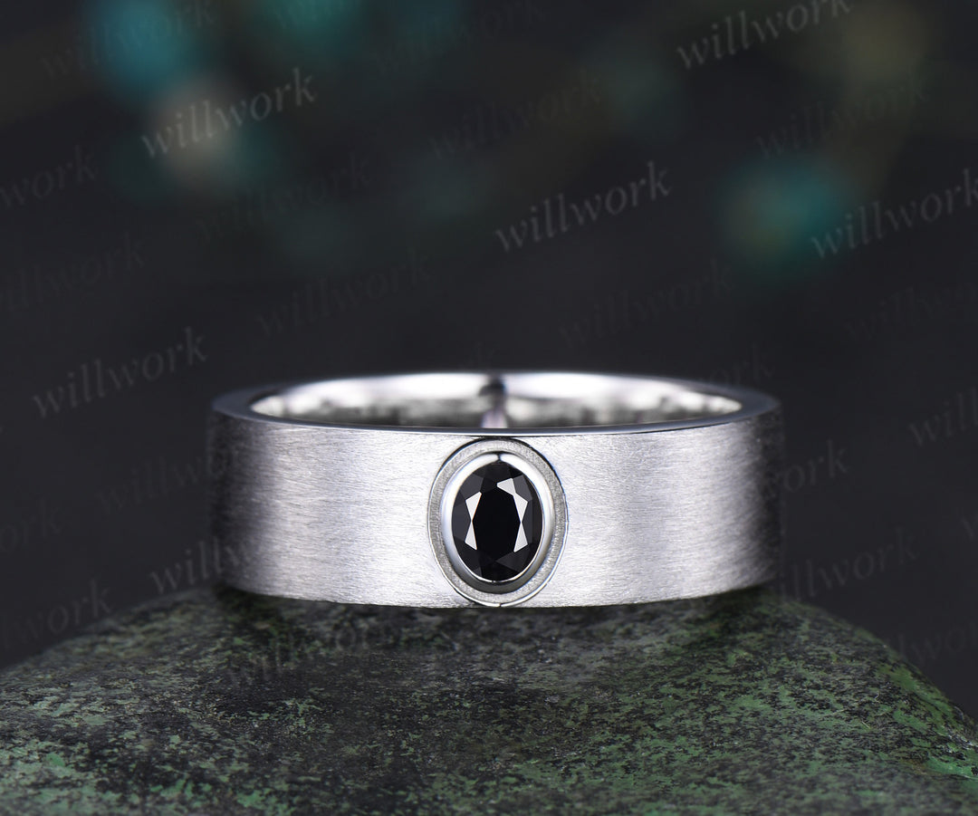 Solitaire oval natural black onyx men ring brushed finsh wide band white gold wedding band anniversary gifts