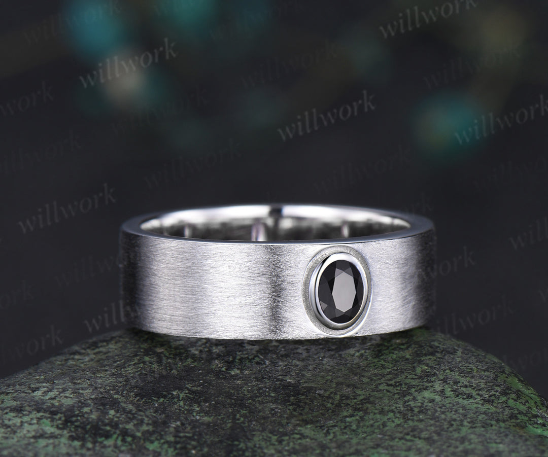 Solitaire oval natural black onyx men ring brushed finsh wide band white gold wedding band anniversary gifts