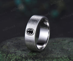 Solitaire oval natural black onyx men ring brushed finsh wide band white gold wedding band anniversary gifts