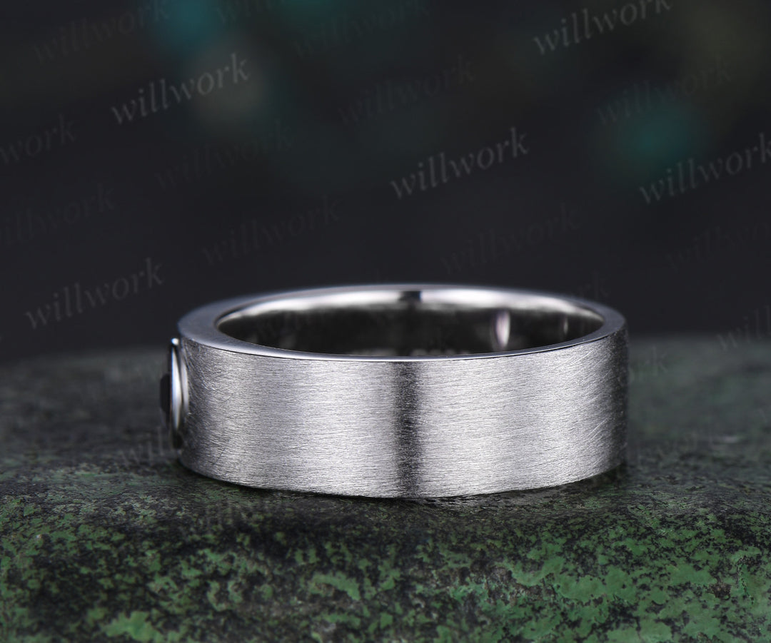 Solitaire oval natural black onyx men ring brushed finsh wide band white gold wedding band anniversary gifts
