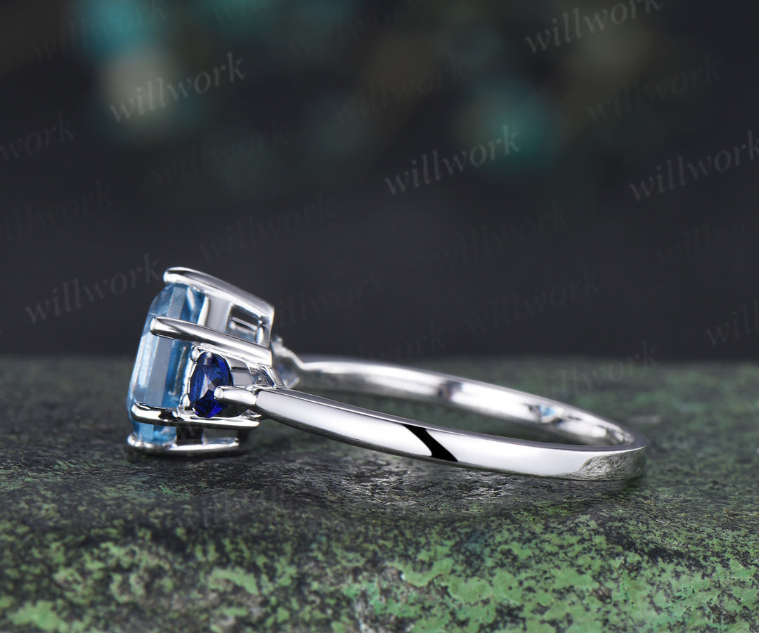 Hexagon cut London blue topaz Engagement ring 14k white gold three stone sapphire 6 prong wedding ring women