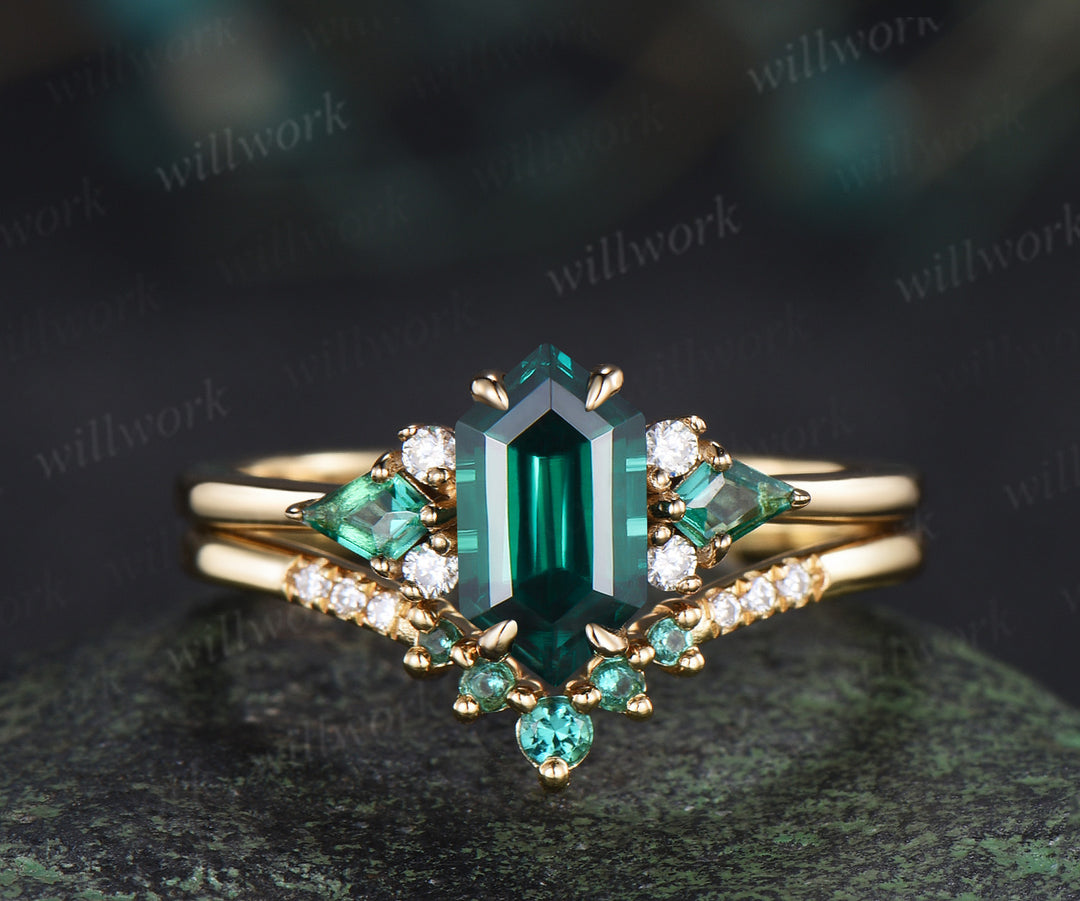 Long hexagon kite cut emerald engagement ring set solid 14k yellow gold cluster moissanite bridal set women