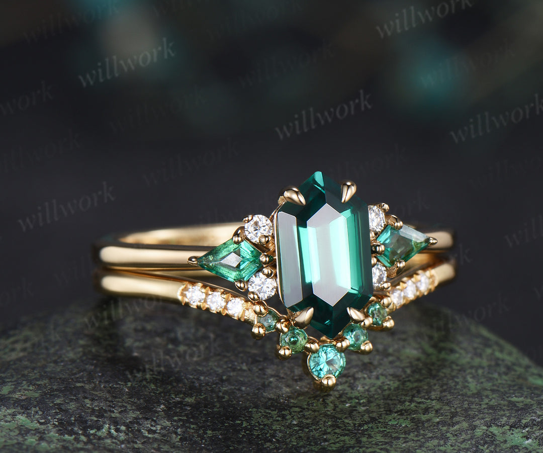 Long hexagon kite cut emerald engagement ring set solid 14k yellow gold cluster moissanite bridal set women