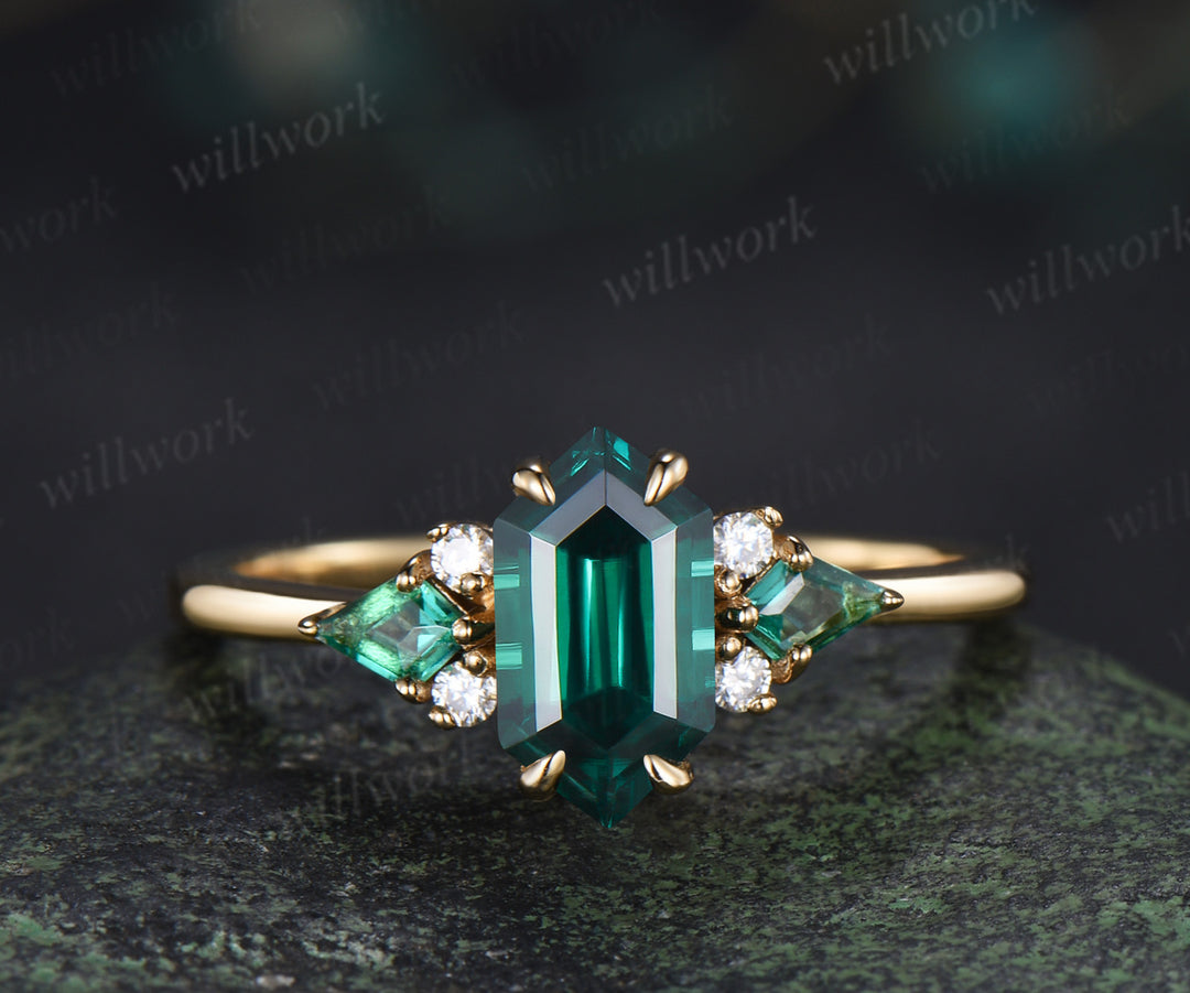 Long hexagon kite cut emerald engagement ring set solid 14k yellow gold cluster moissanite bridal set women