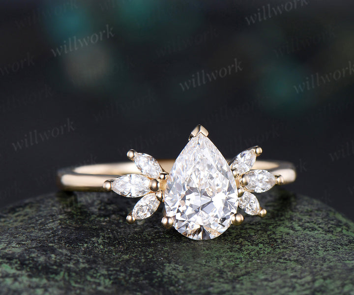 Teardrop pear cut IGI Lab grown diamond engagement ring solid 18k yellow gold cluster wedding promise ring women