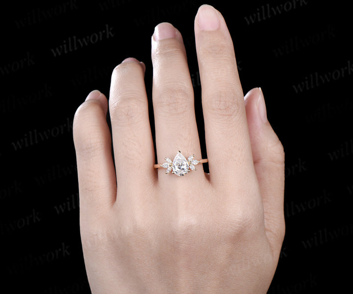 Teardrop pear cut IGI Lab grown diamond engagement ring solid 18k yellow gold cluster wedding promise ring women