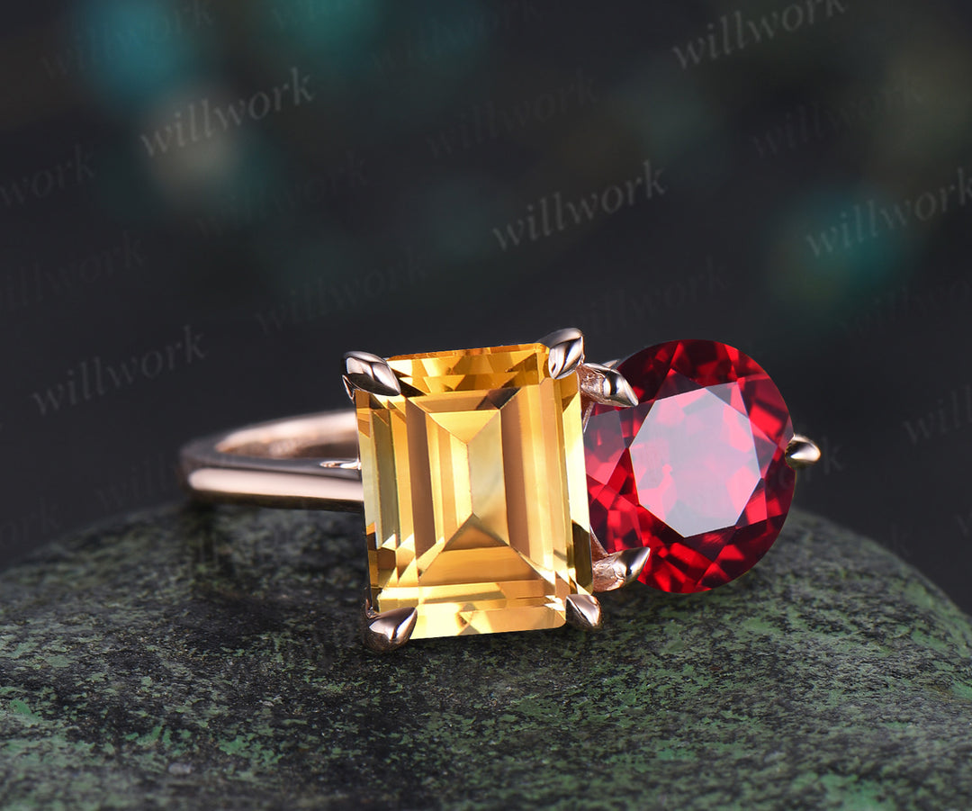 Two stone citrine ruby engagement ring emerald cut citrine ring Toi et Moi birthstone ring unique bridal ring anniversary gifts