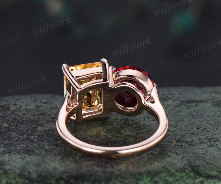 Two stone citrine ruby engagement ring emerald cut citrine ring Toi et Moi birthstone ring unique bridal ring anniversary gifts