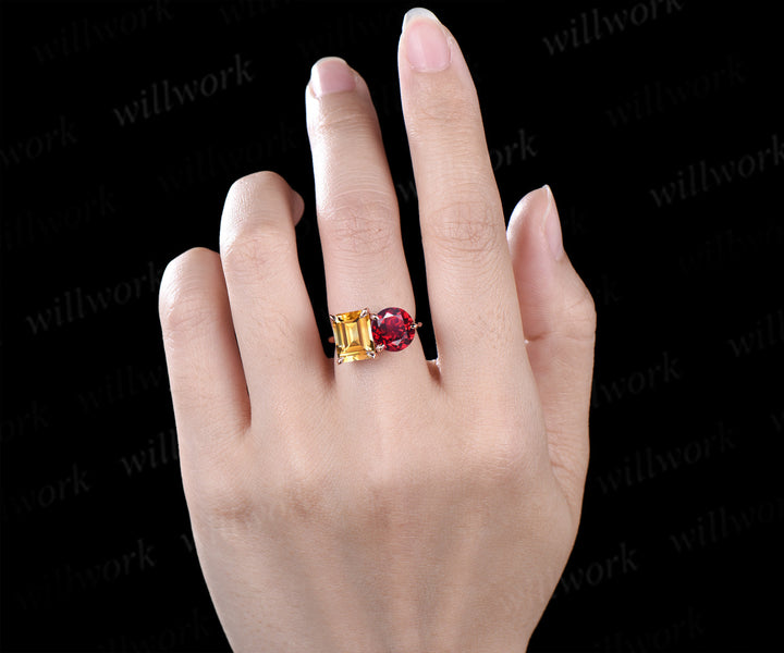 Two stone citrine ruby engagement ring emerald cut citrine ring Toi et Moi birthstone ring unique bridal ring anniversary gifts