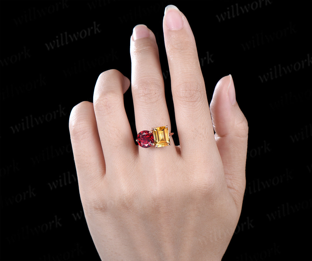 Two stone citrine ruby engagement ring emerald cut citrine ring Toi et Moi birthstone ring unique bridal ring anniversary gifts