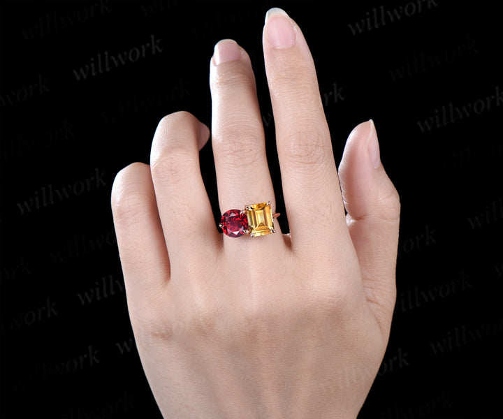 Two stone citrine ruby engagement ring emerald cut citrine ring Toi et Moi birthstone ring unique bridal ring anniversary gifts