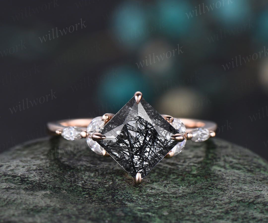 Princess cut black rutilated quartz engagement ring set solid 14k rose gold cluster marquise cut diamond wedding bridal ring set gift women