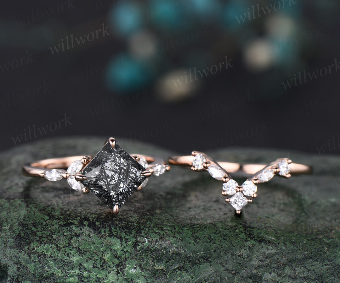 Princess cut black rutilated quartz engagement ring set solid 14k rose gold cluster marquise cut diamond wedding bridal ring set gift women