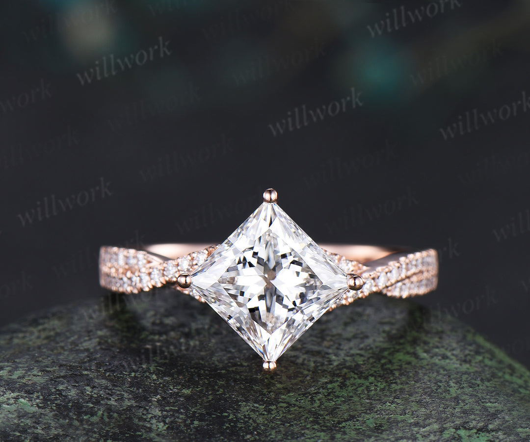 Princess cut lab-grown diamond engagement ring set rose gold twisted half eternity diamond-accented wedding ring