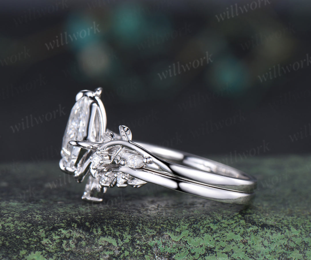 Kite cut IGI lab grown diamond leaf engagement ring set solid 14k 18k white gold nature inspired promise ring women