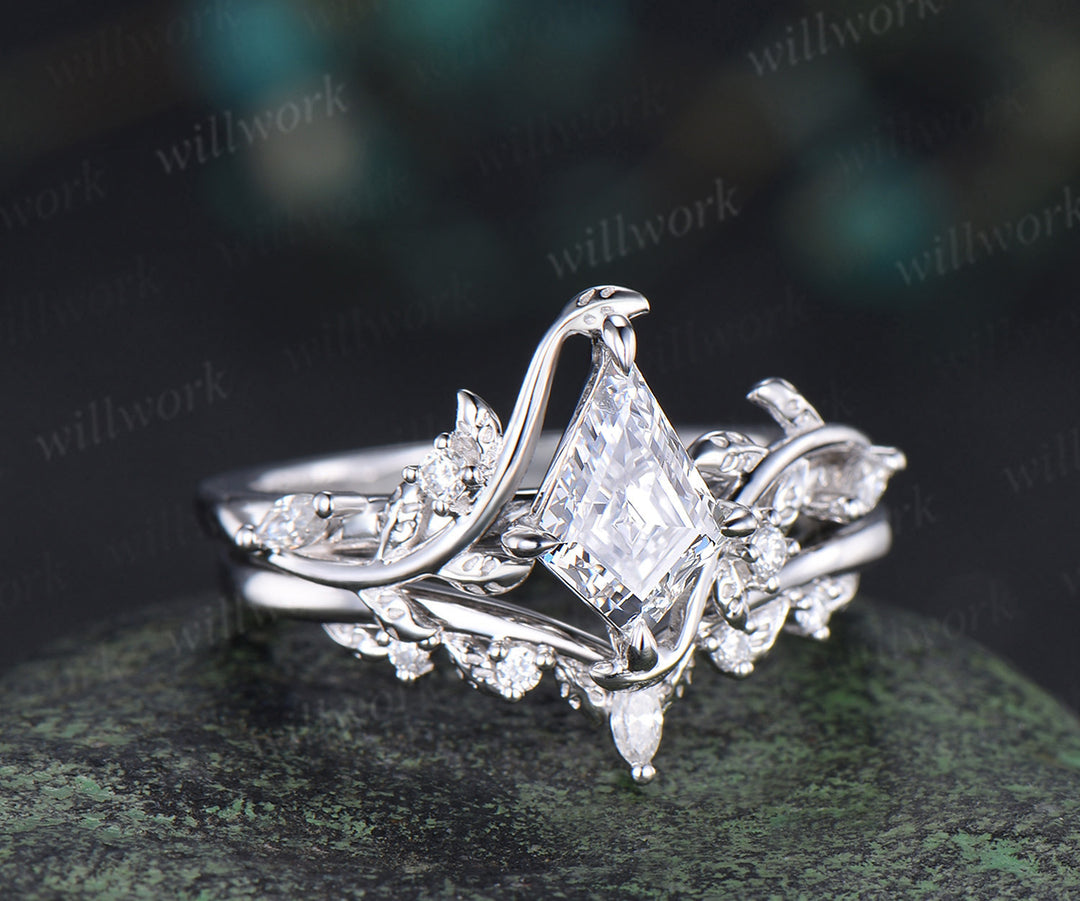 Kite cut IGI lab grown diamond leaf engagement ring set solid 14k 18k white gold nature inspired promise ring women