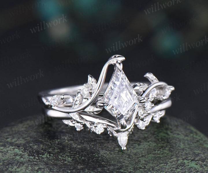Kite cut IGI lab grown diamond leaf engagement ring set solid 14k 18k white gold nature inspired promise ring women