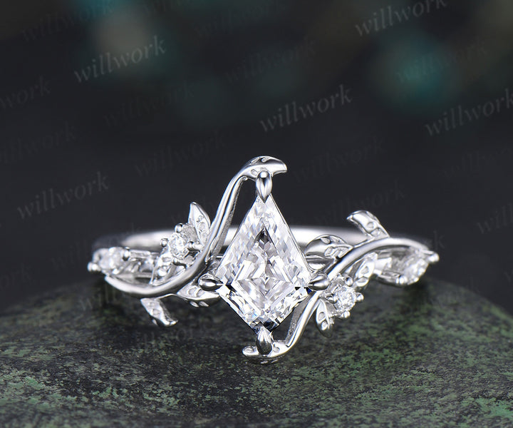 Kite cut IGI lab grown diamond leaf engagement ring set solid 14k 18k white gold nature inspired promise ring women