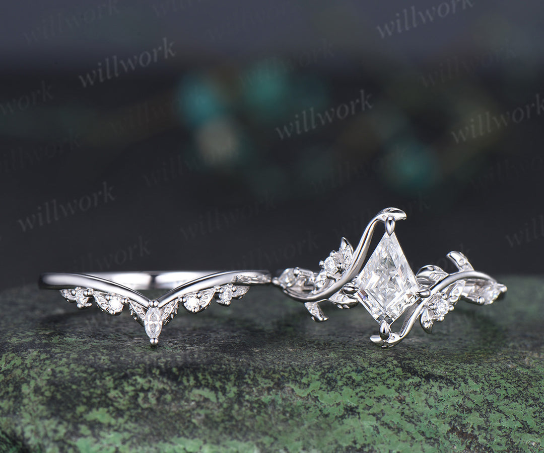 Kite cut IGI lab grown diamond leaf engagement ring set solid 14k 18k white gold nature inspired promise ring women