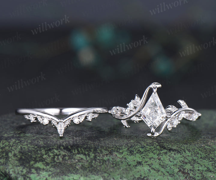 Kite cut IGI lab grown diamond leaf engagement ring set solid 14k 18k white gold nature inspired promise ring women