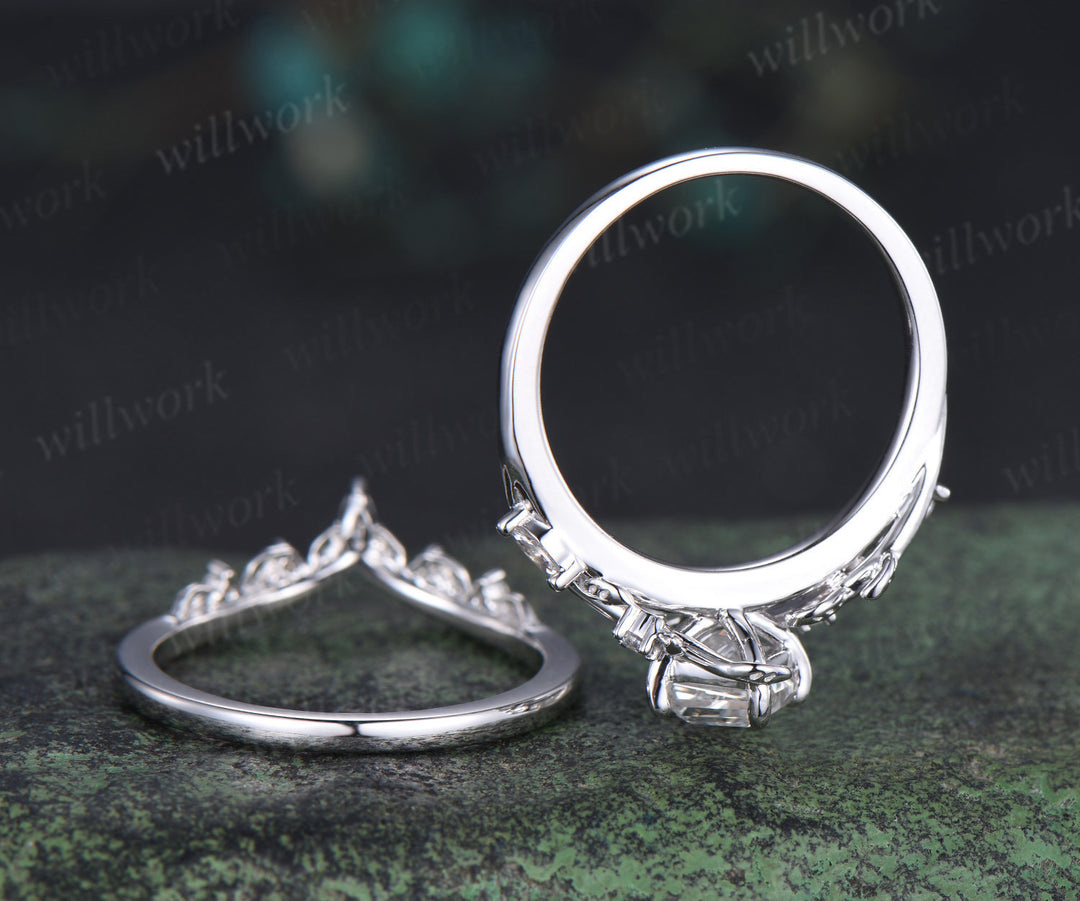 Kite cut IGI lab grown diamond leaf engagement ring set solid 14k 18k white gold nature inspired promise ring women