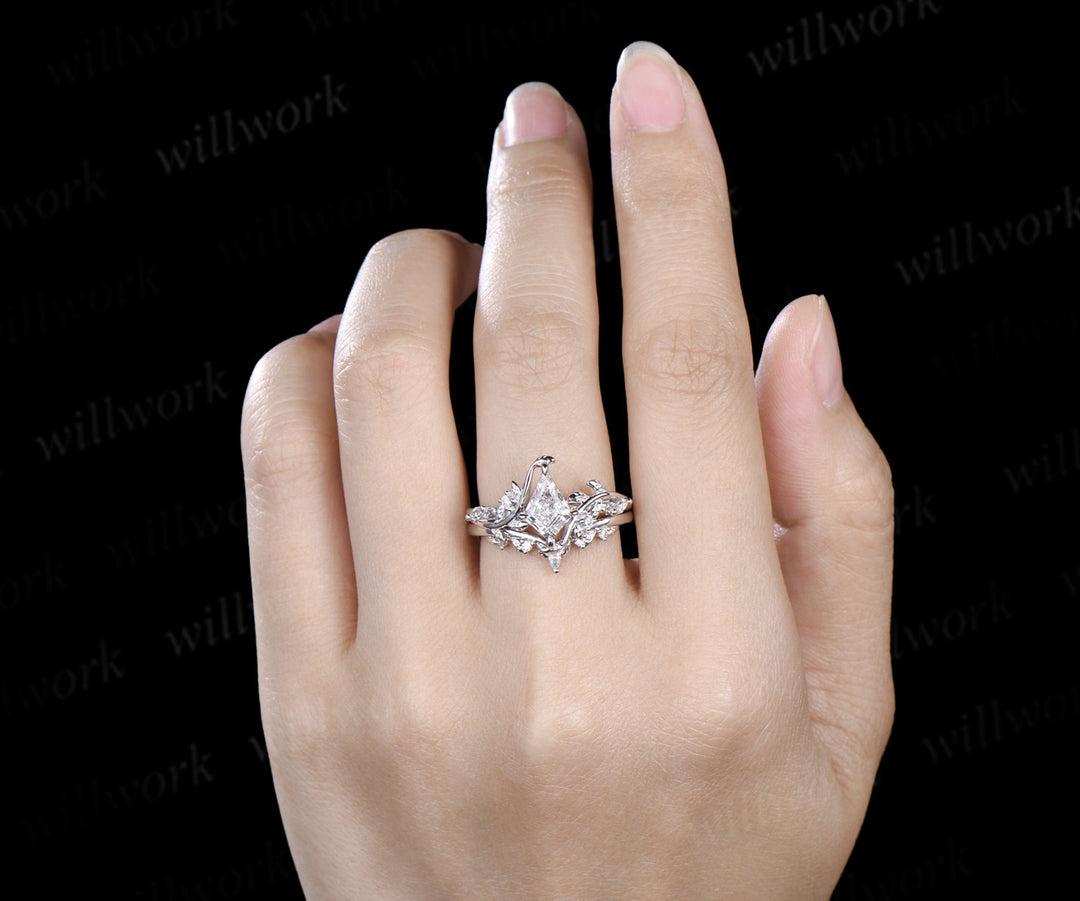Kite cut IGI lab grown diamond leaf engagement ring set solid 14k 18k white gold nature inspired promise ring women