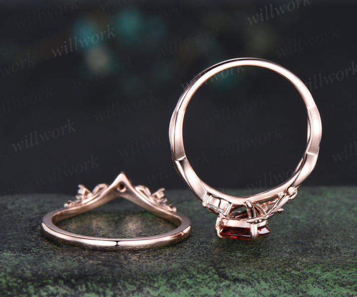 Heart red garnet engagement ring set leaf infinity 14k rose gold nature inspired art deco bridal set jewelry
