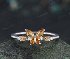 Vintage butterfly citrine engagement ring unique marquise cut yellow citrine white gold promise ring anniversary women gift
