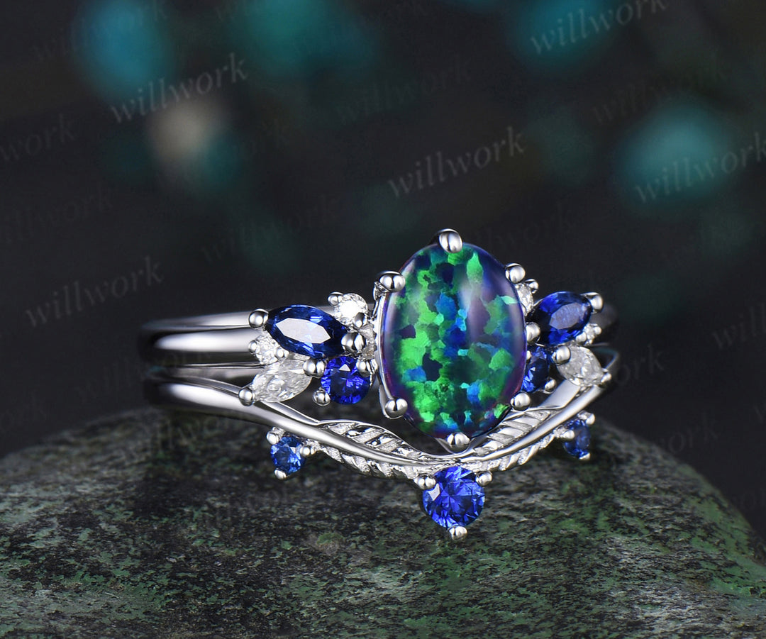 Oval cut black opal engagement ring 6 prong white gold cluster snowdrift bridal anniversary ring set women jewelry
